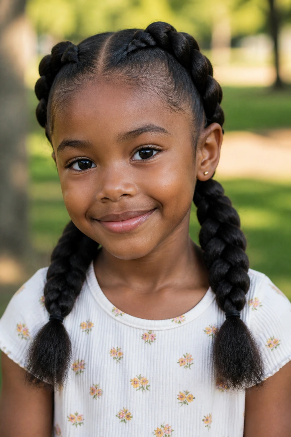 Two oversized braids into low ponytails on a child