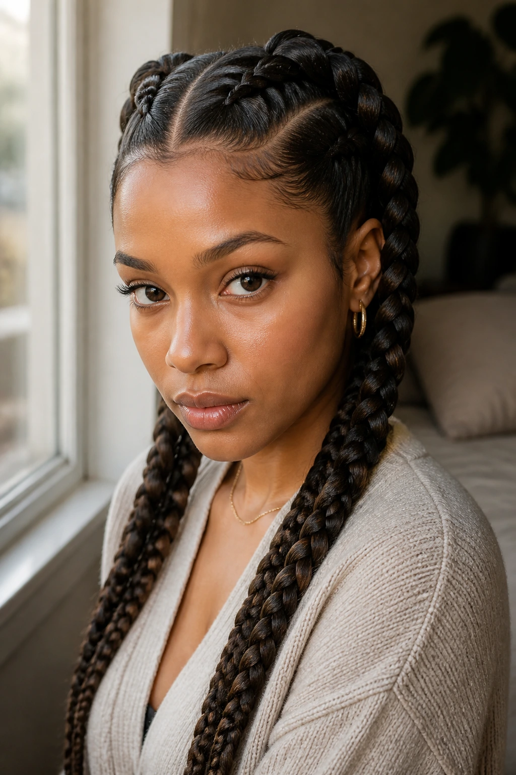 Portrait of a real person with two oversized Dutch braids