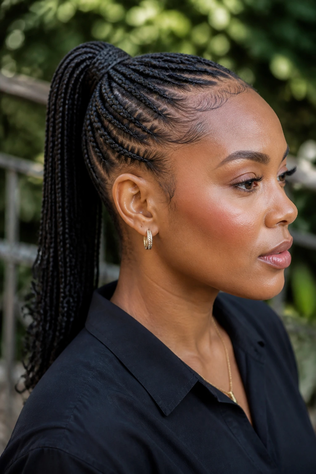 Close-up of a proportional braided ponytail in outdoor light
