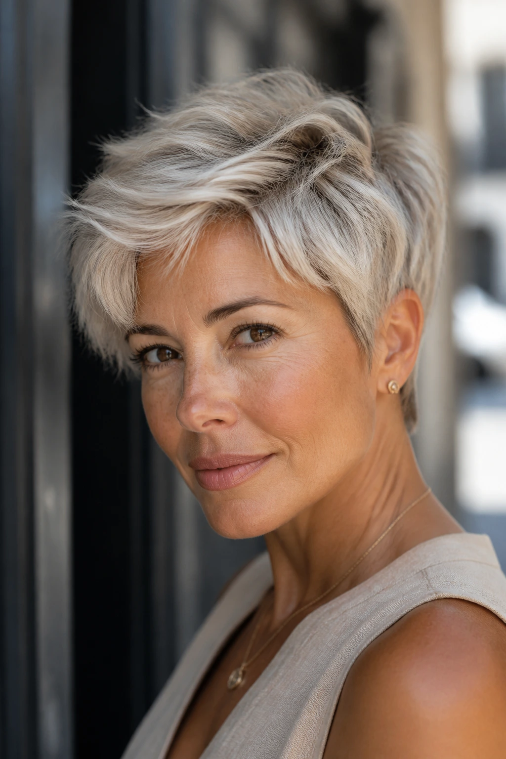 Real person with oyster blonde pixie and textured crown