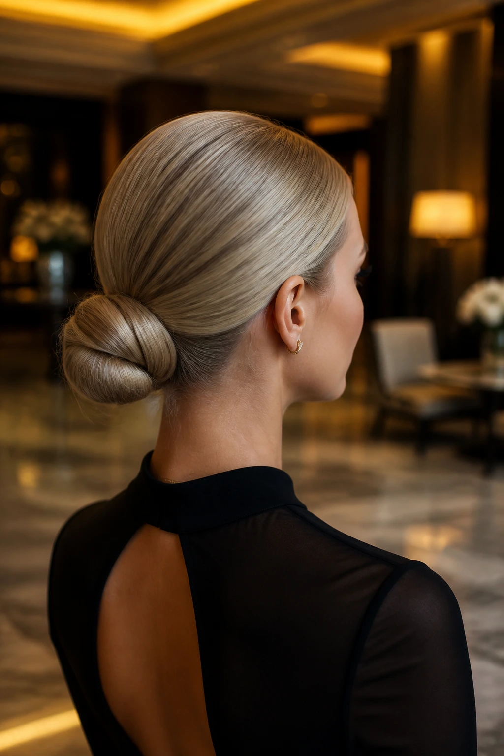 Portrait of a real woman with an oyster blonde sleek bun hairstyle