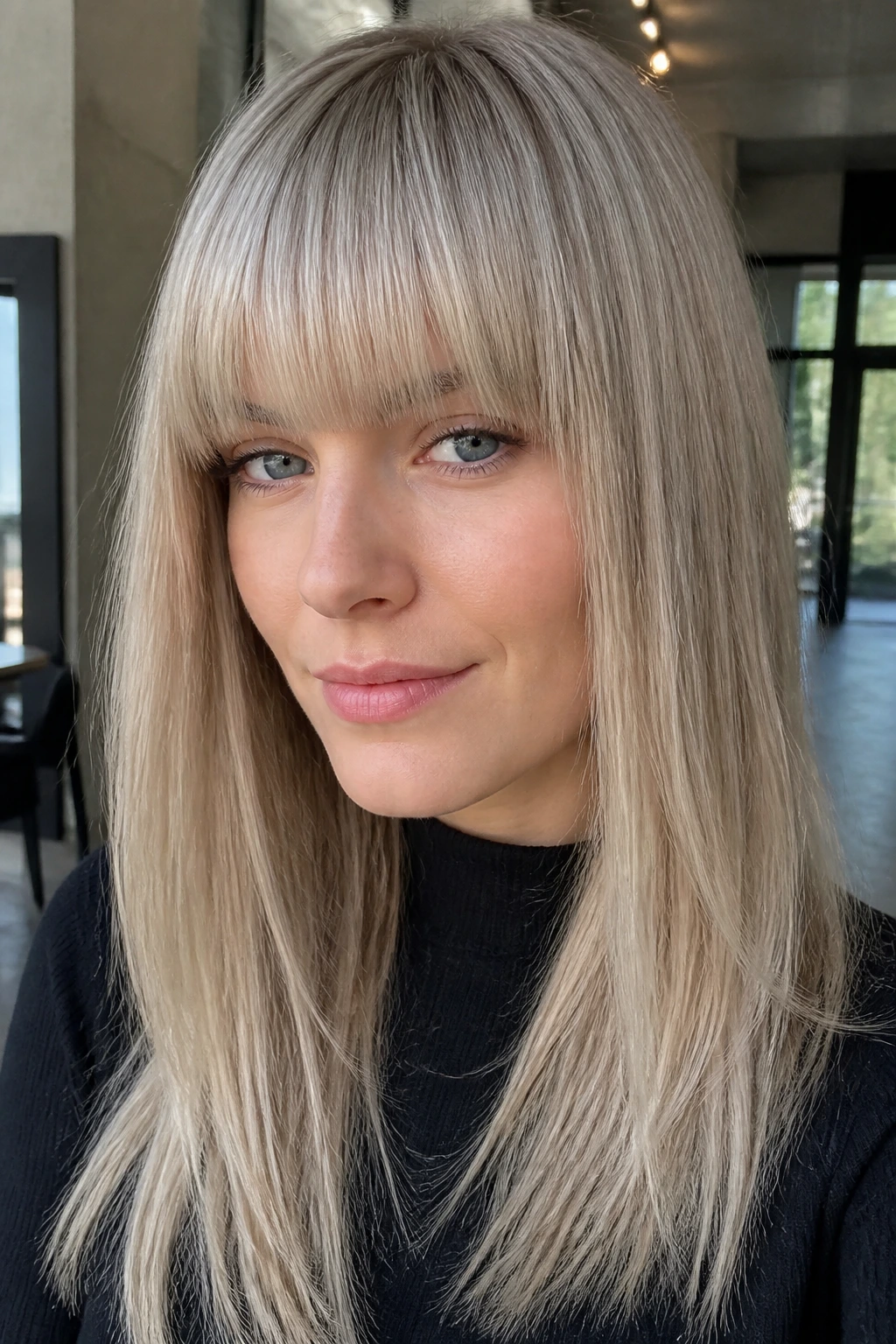 Close-up portrait of a real person with oyster blonde hair and straight-across bangs.