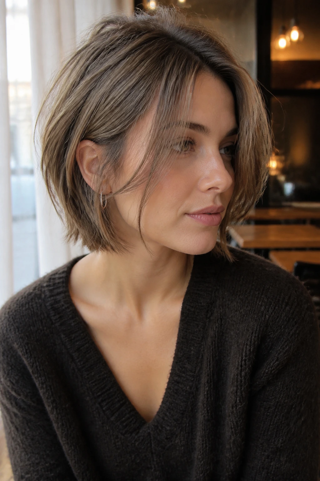 Real person with oyster brown hair in a soft glaze close-up
