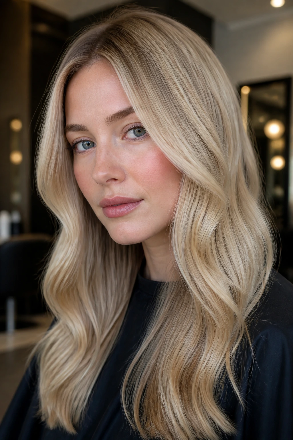 Close-up portrait of a real person with oyster gold blonde and shadowed roots