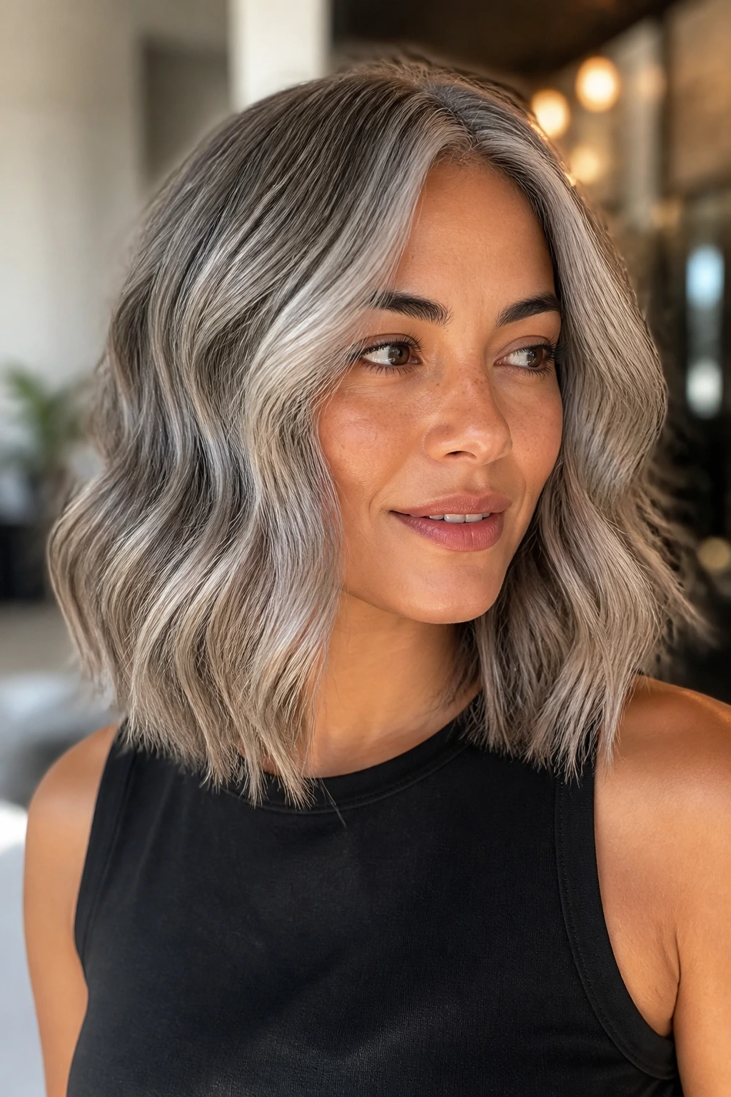 Real person with oyster gray lob and soft waves.
