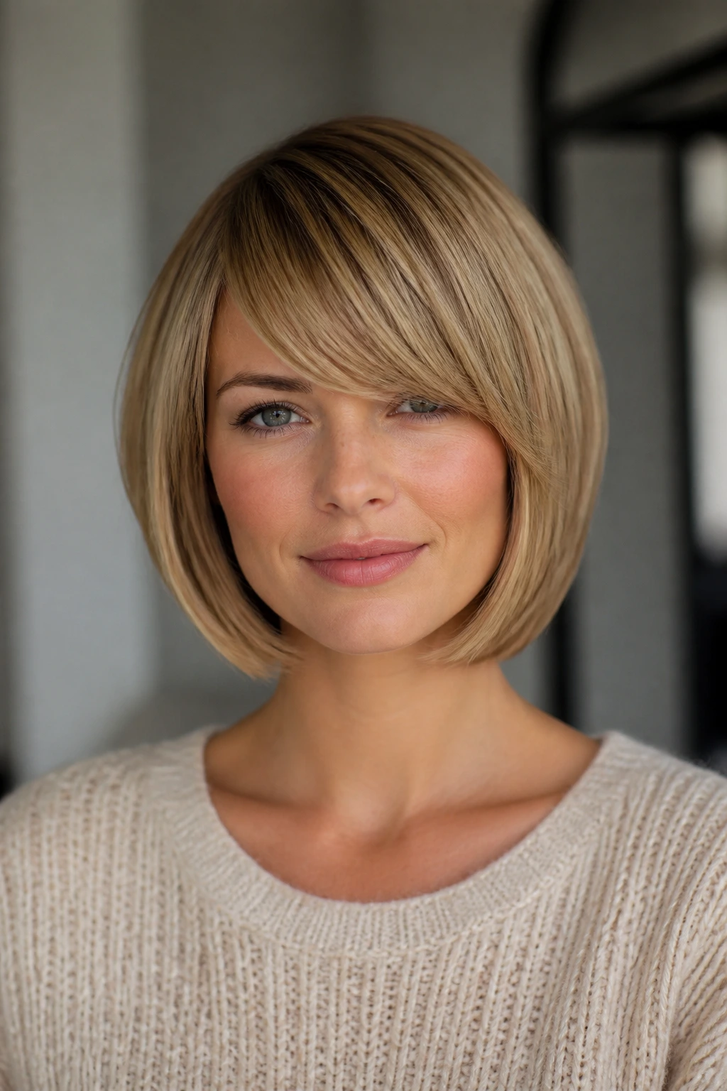 Real person with a pageboy-inspired bob and side-swept fringe