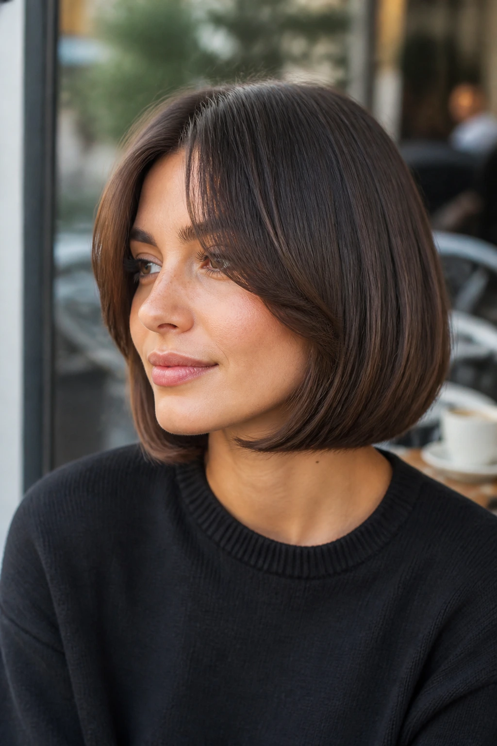 Close-up of a real woman with a pageboy-inspired bob and modern finish