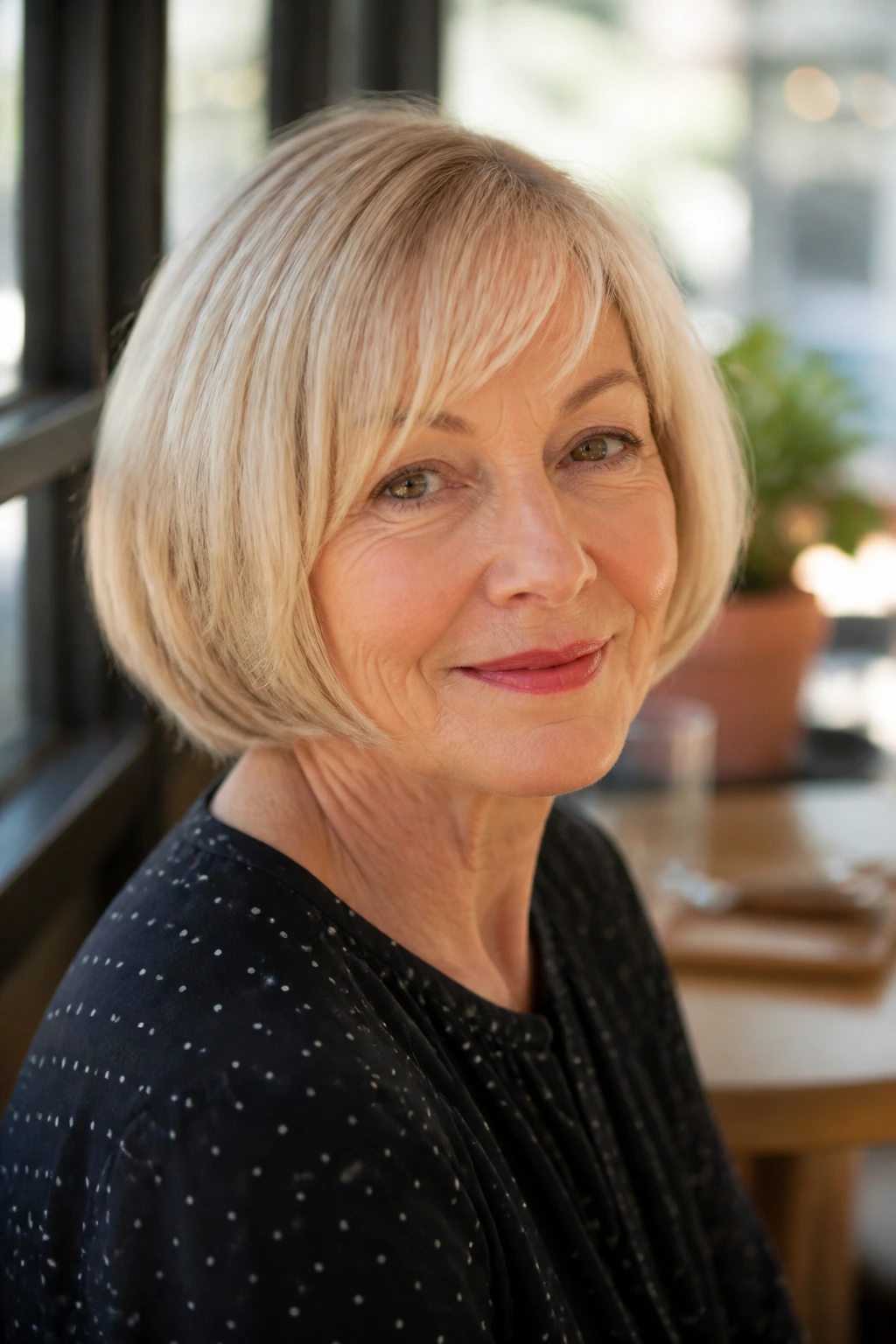 Close-up of a woman with a classic pageboy bob in warm cafe light