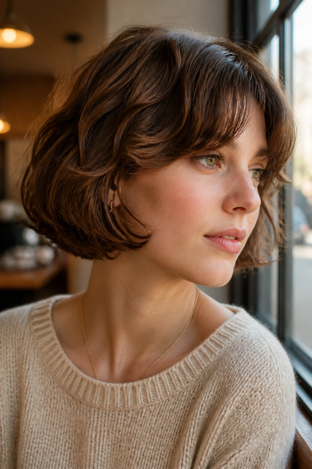 Close-up of a woman with pageboy bob and soft waves in cafe light