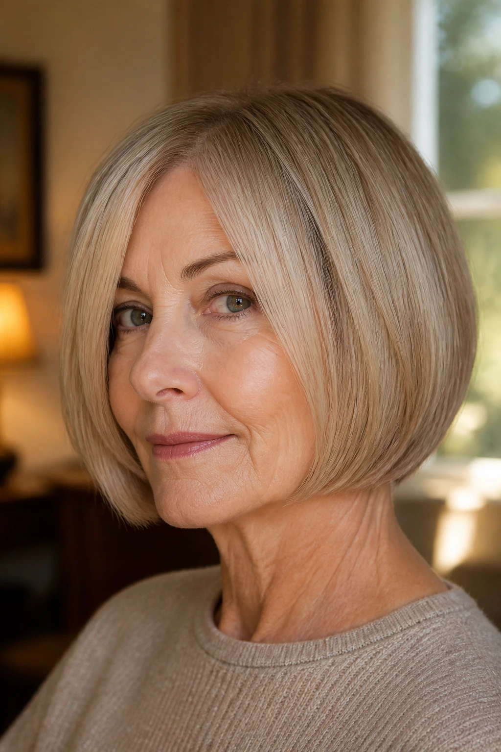 Close-up of a real woman with a blunt pageboy cut highlighting a dense, clean hairline.