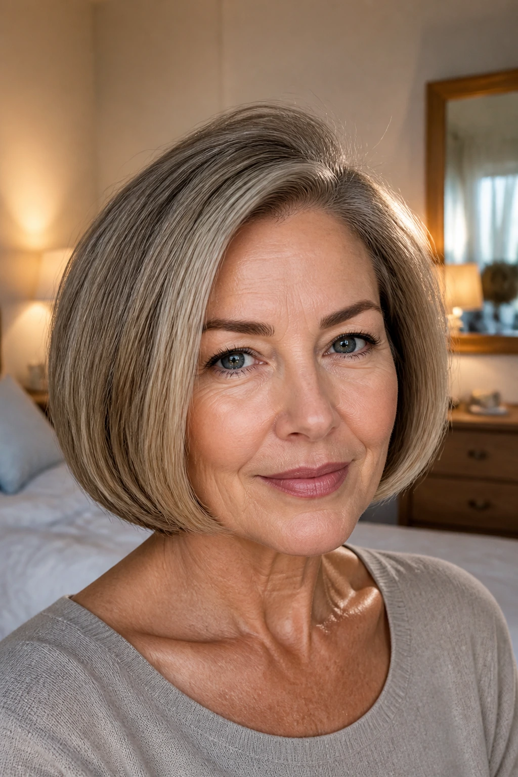 Close-up of a real woman with a full, styled pageboy haircut