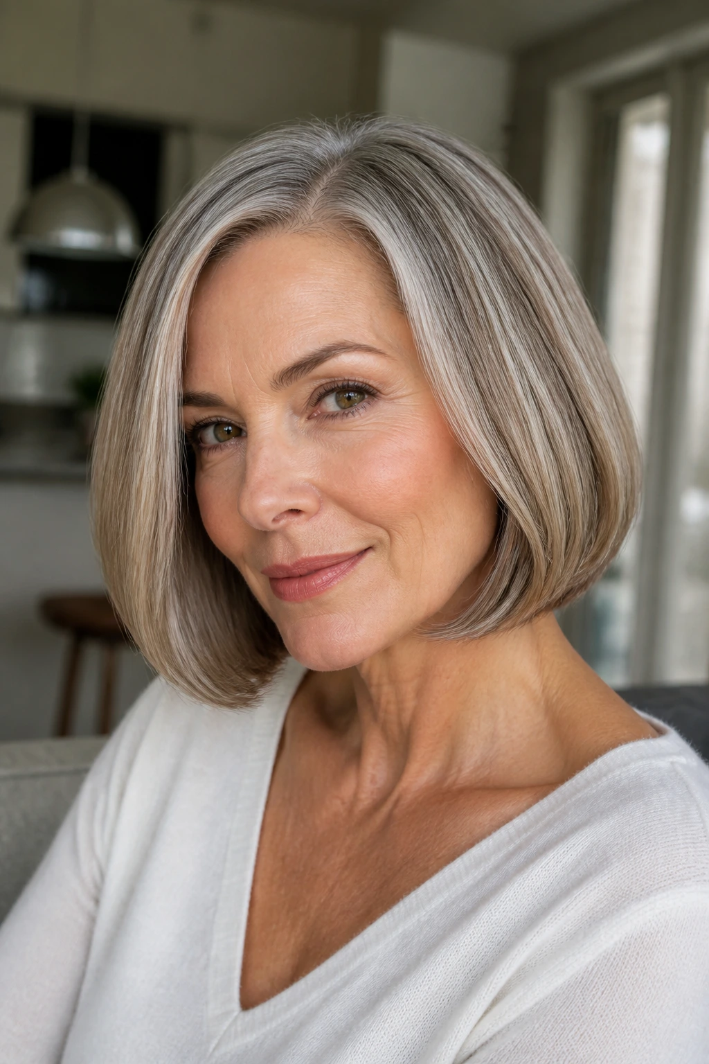 Head-and-shoulders portrait of a real woman with a soft-curve pageboy.
