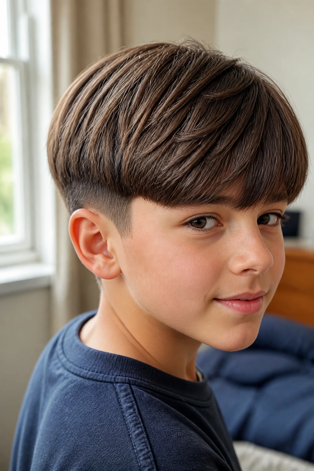 Close-up portrait of a real boy with a school-ready pageboy and temple taper in natural light