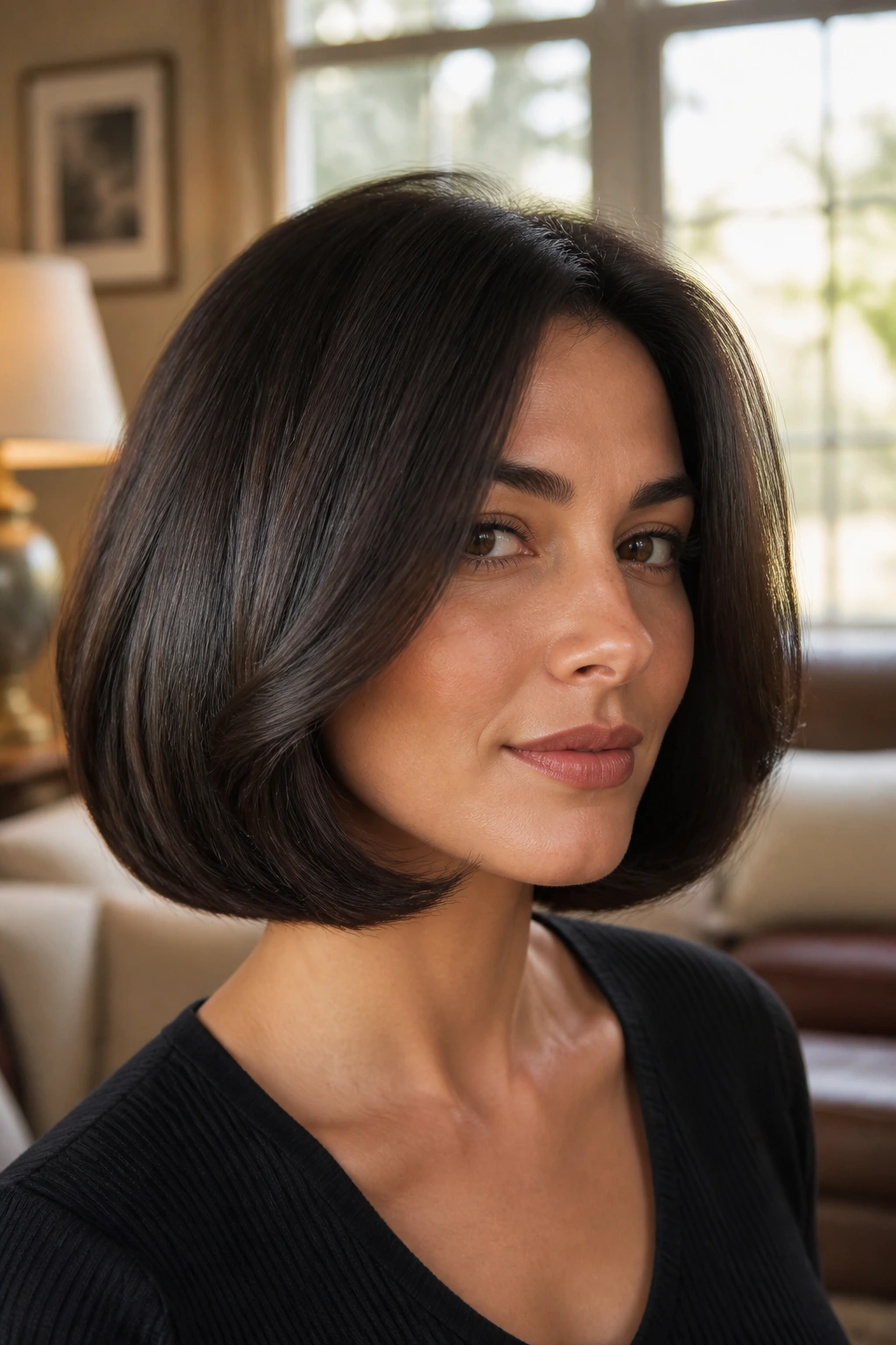 Close-up portrait of real person with modern pageboy rounded corners in warm window light