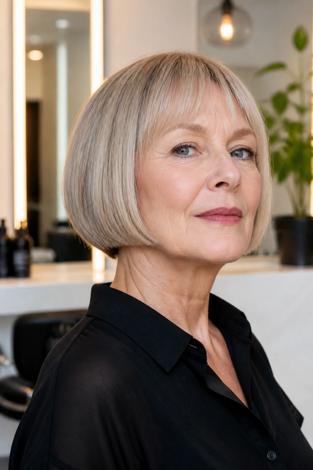 Portrait emphasizing a clean pageboy shape on fine hair