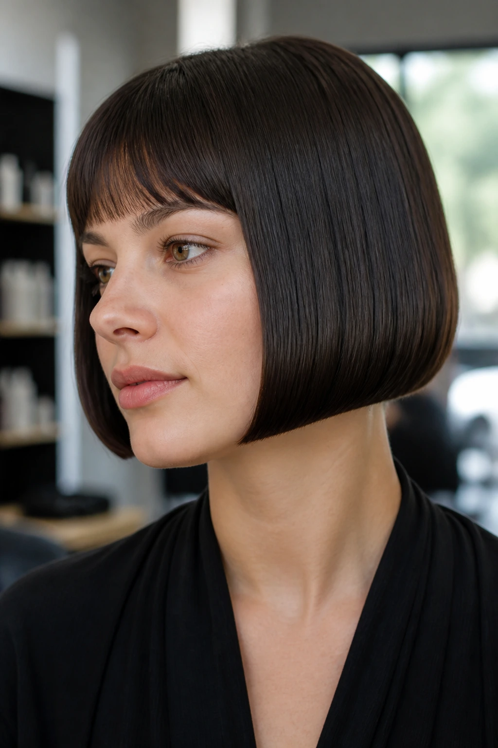 Close-up portrait of a real person with a sharp, rounded pageboy hairstyle on an oval face