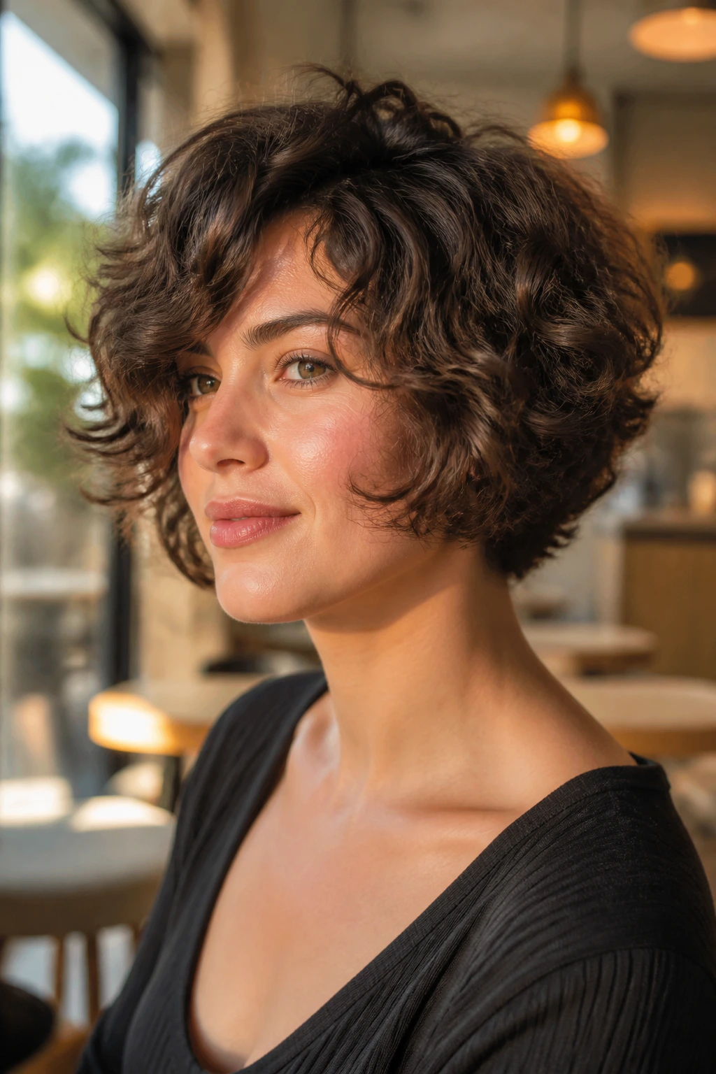 Close-up of a real woman wearing a soft-textured pageboy.