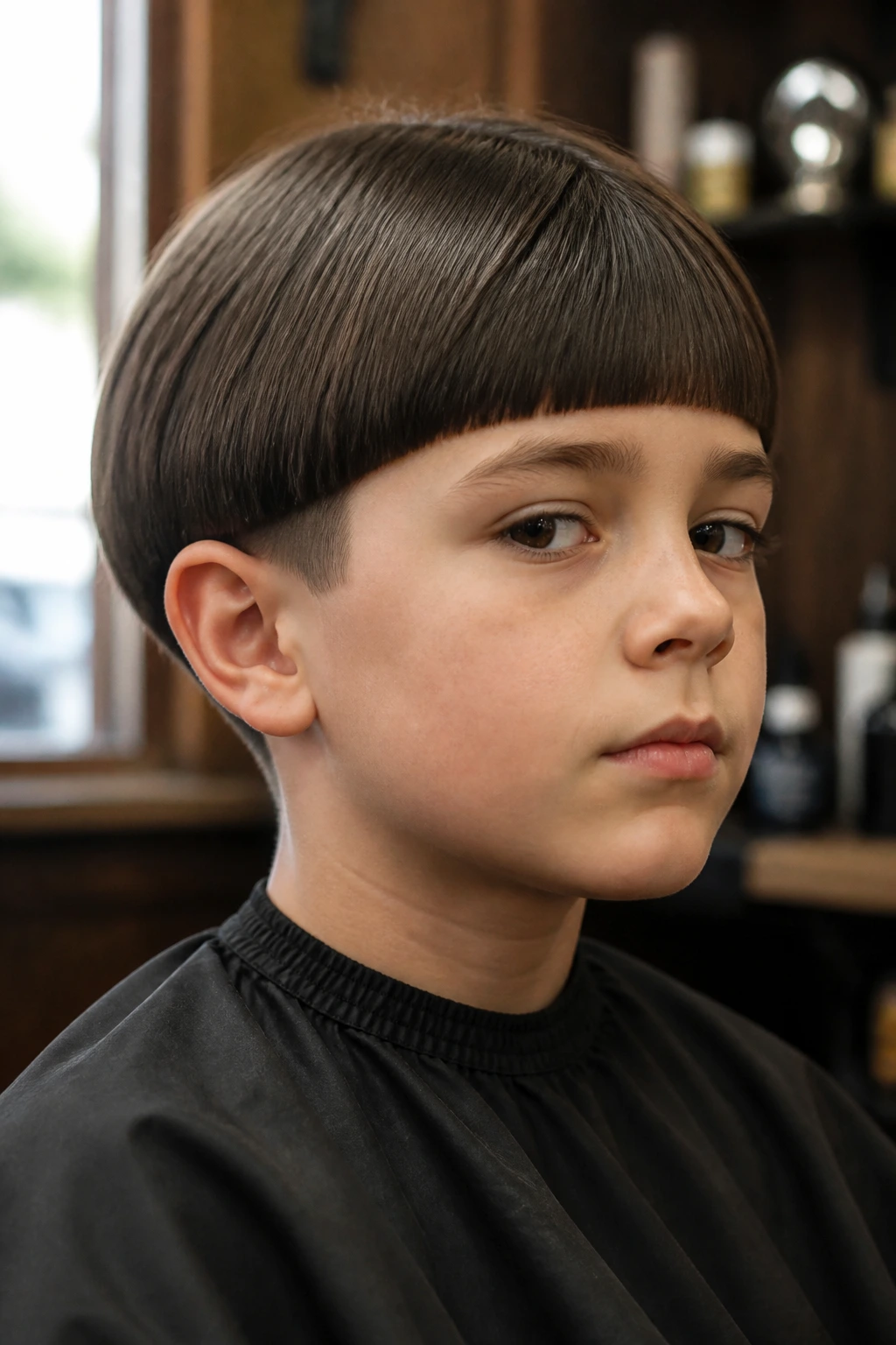 Close-up portrait of a real boy with a classic pageboy bob on thick hair in a barbershop setting