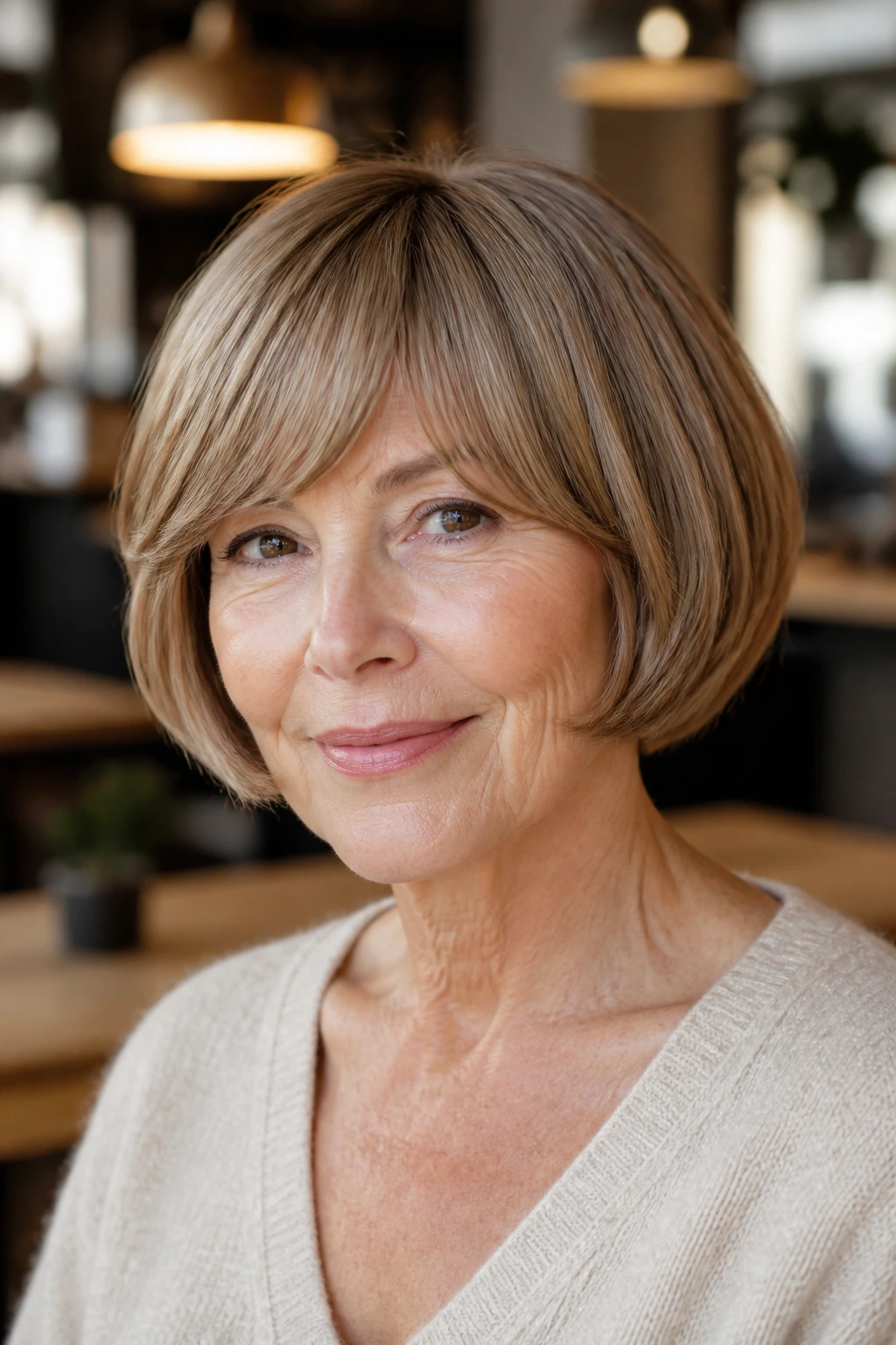 Real woman with modern pageboy bob and curved bangs in a cafe setting
