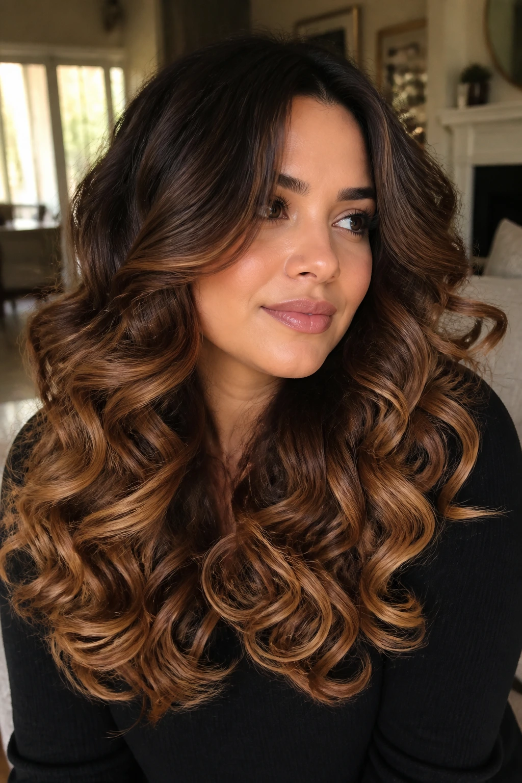 Close-up of long curls with painted caramel ends on brunette roots.