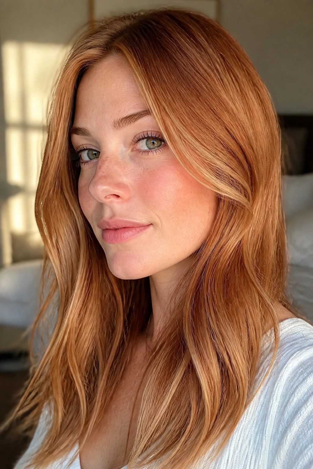 Real woman with pale auburn babylights near a window