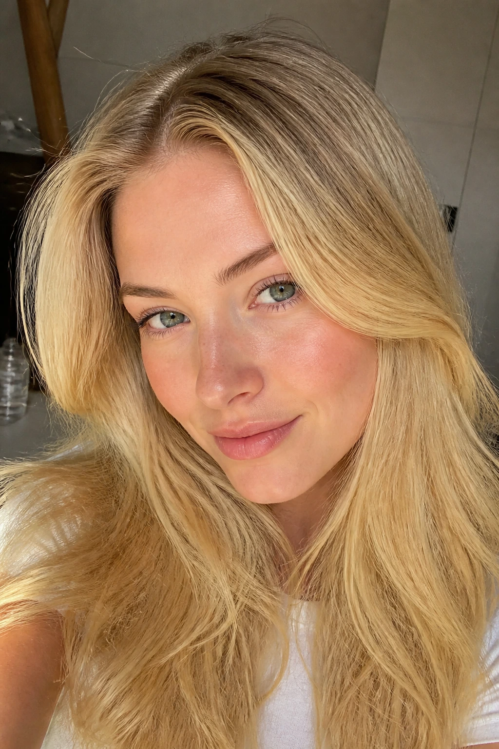 Real person with pale banana blonde hair in sunlit setting
