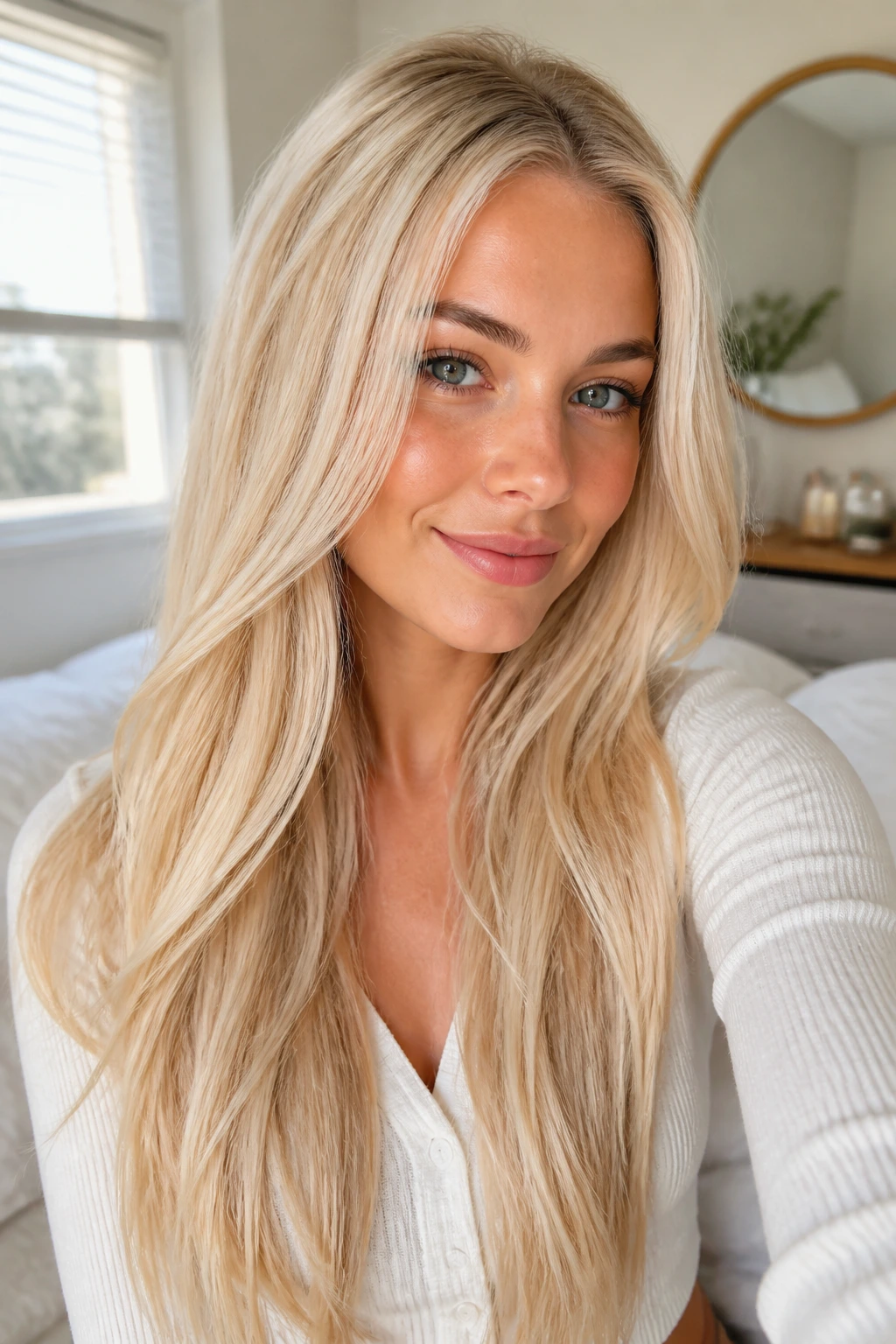 Portrait of a woman with bright pale blonde hair and healthy shine between salon visits.