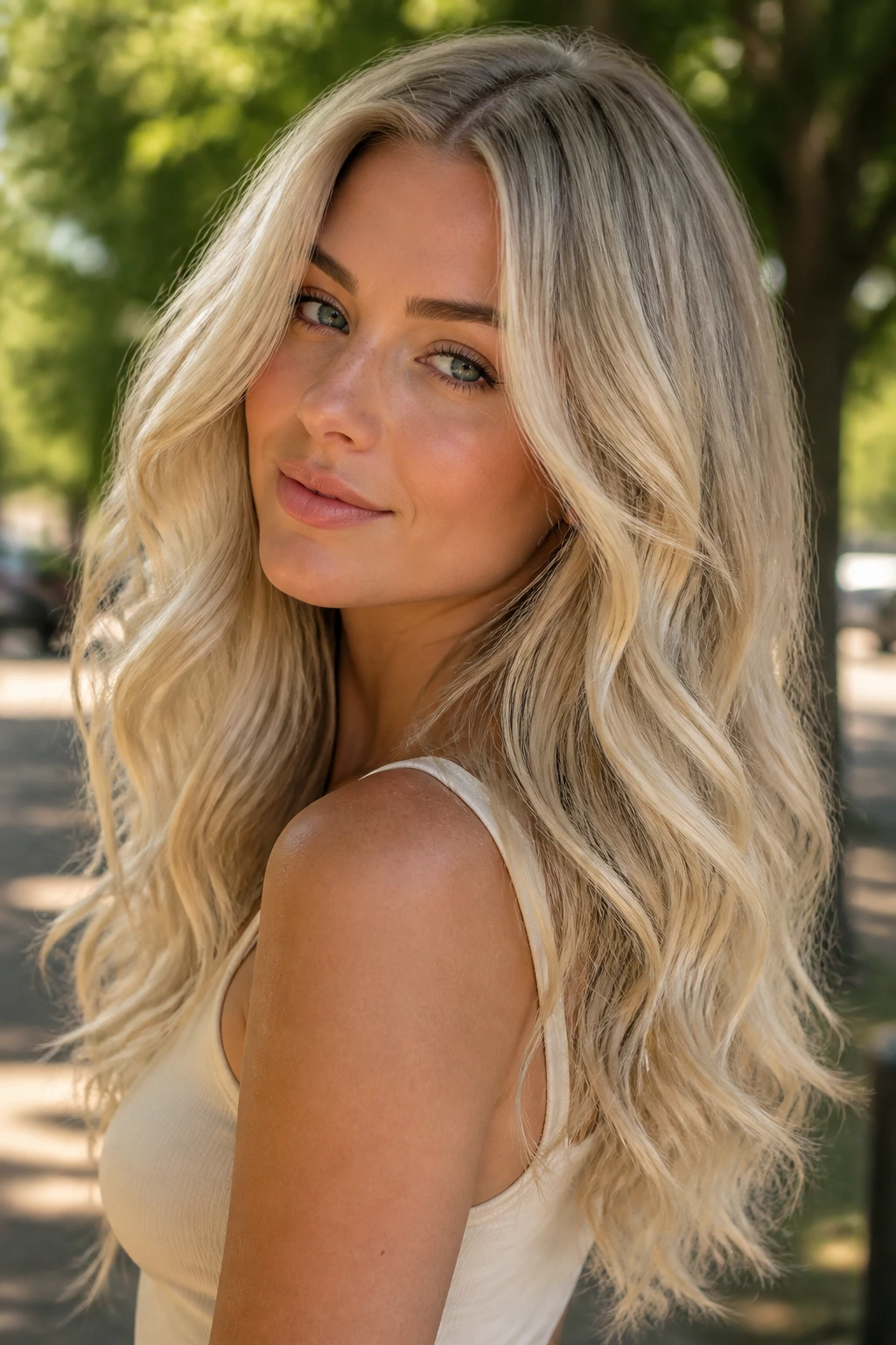 Portrait of a pale blonde woman with textured curls and waves highlighting hair variation.