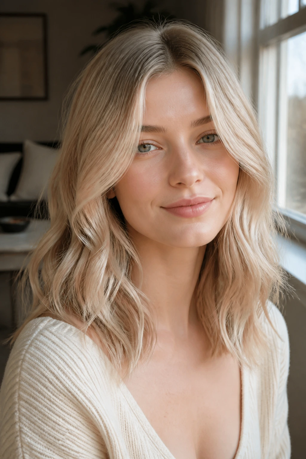 Close-up of a woman with pale champagne blonde midlength waves