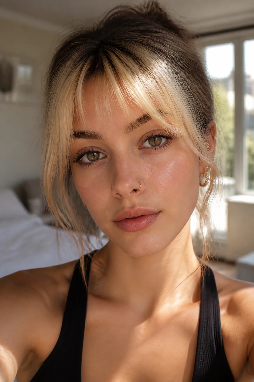 Portrait of a real woman with pale gold fringe bangs