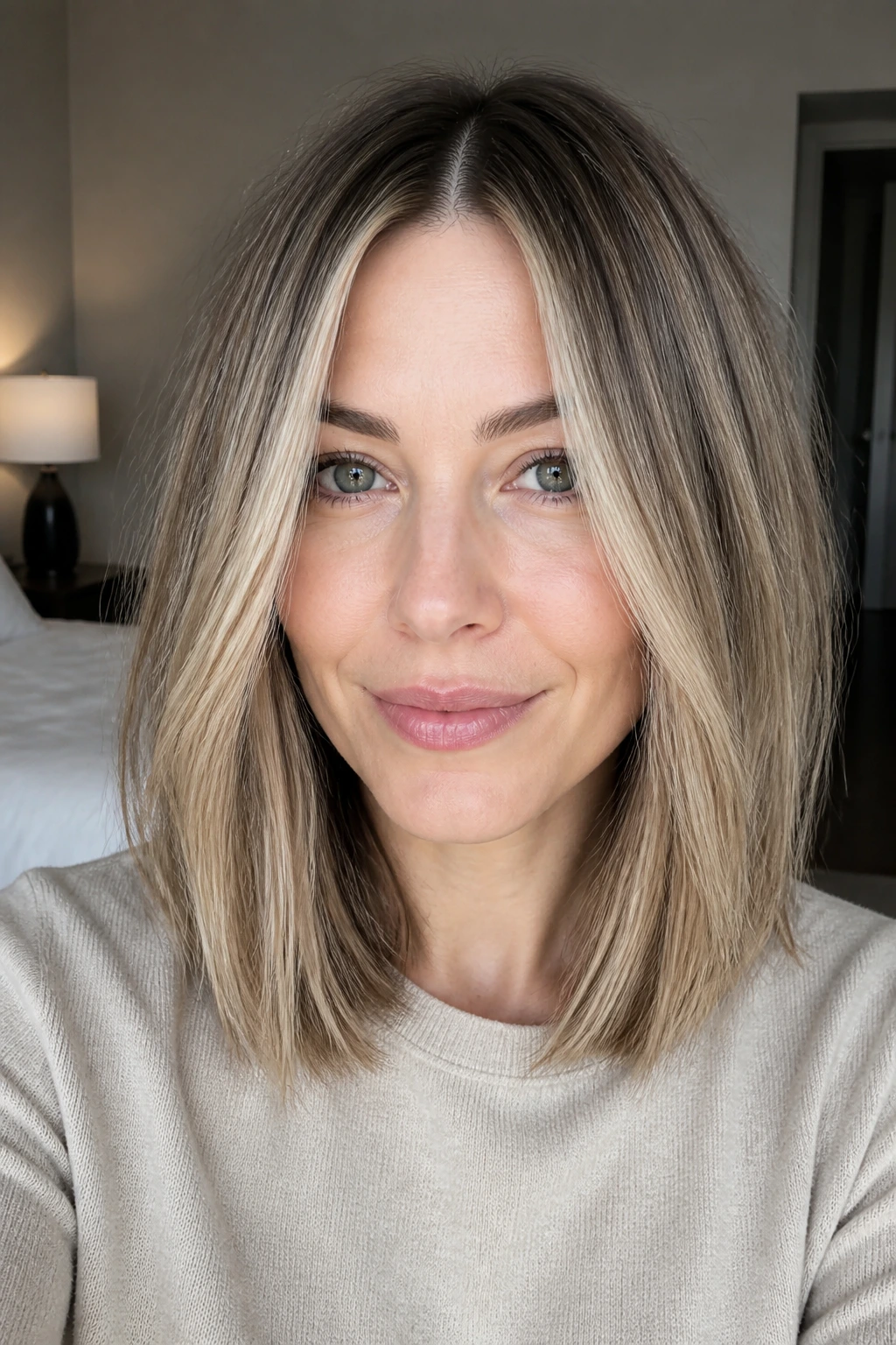 Close-up of a real woman with a center-part lob and pale linen highlights framing the face.