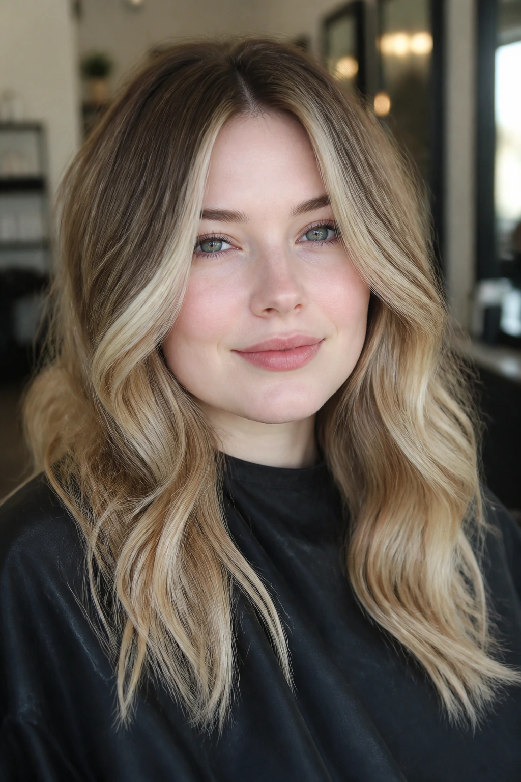 Close-up portrait of pale-skinned woman with round face and champagne-beige balayage