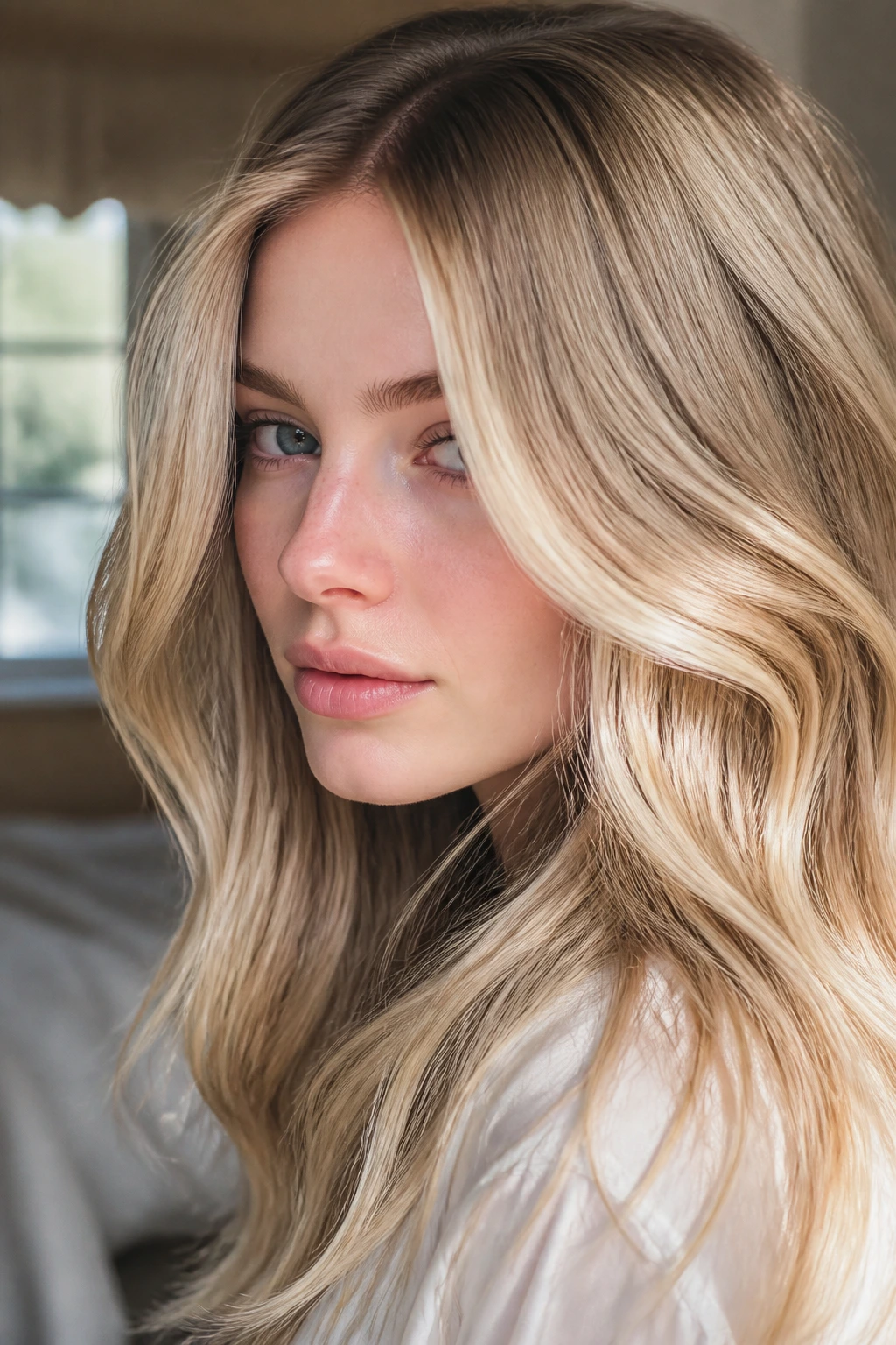 Close-up portrait showing blonde hair with dimensional highlights on pale skin