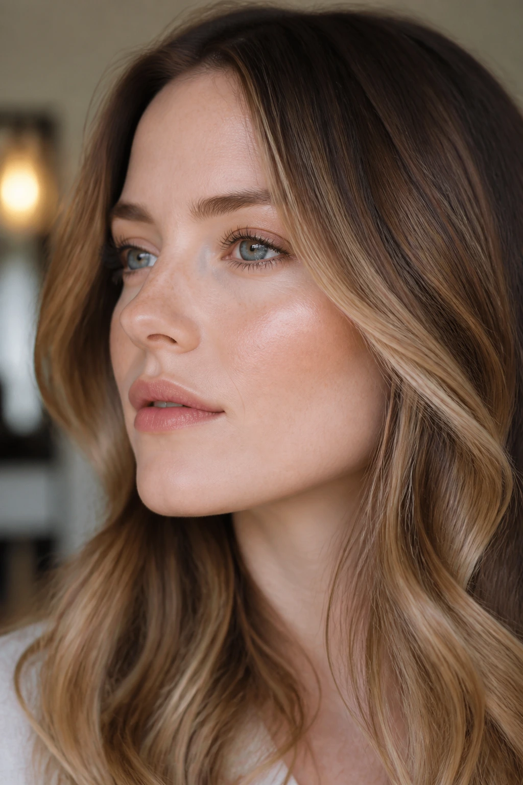 Close-up portrait of a pale-skinned person with subtle caramel face-framing highlights