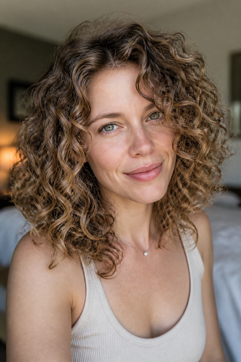 Close-up of a real woman with pale skin and curly hair showing subtle highlights