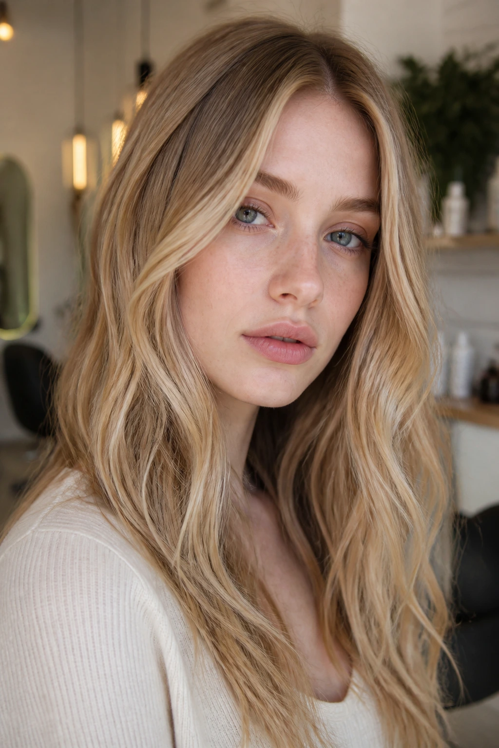Close-up portrait of pale-skinned model with warm golden blonde hair showing depth and soft highlights