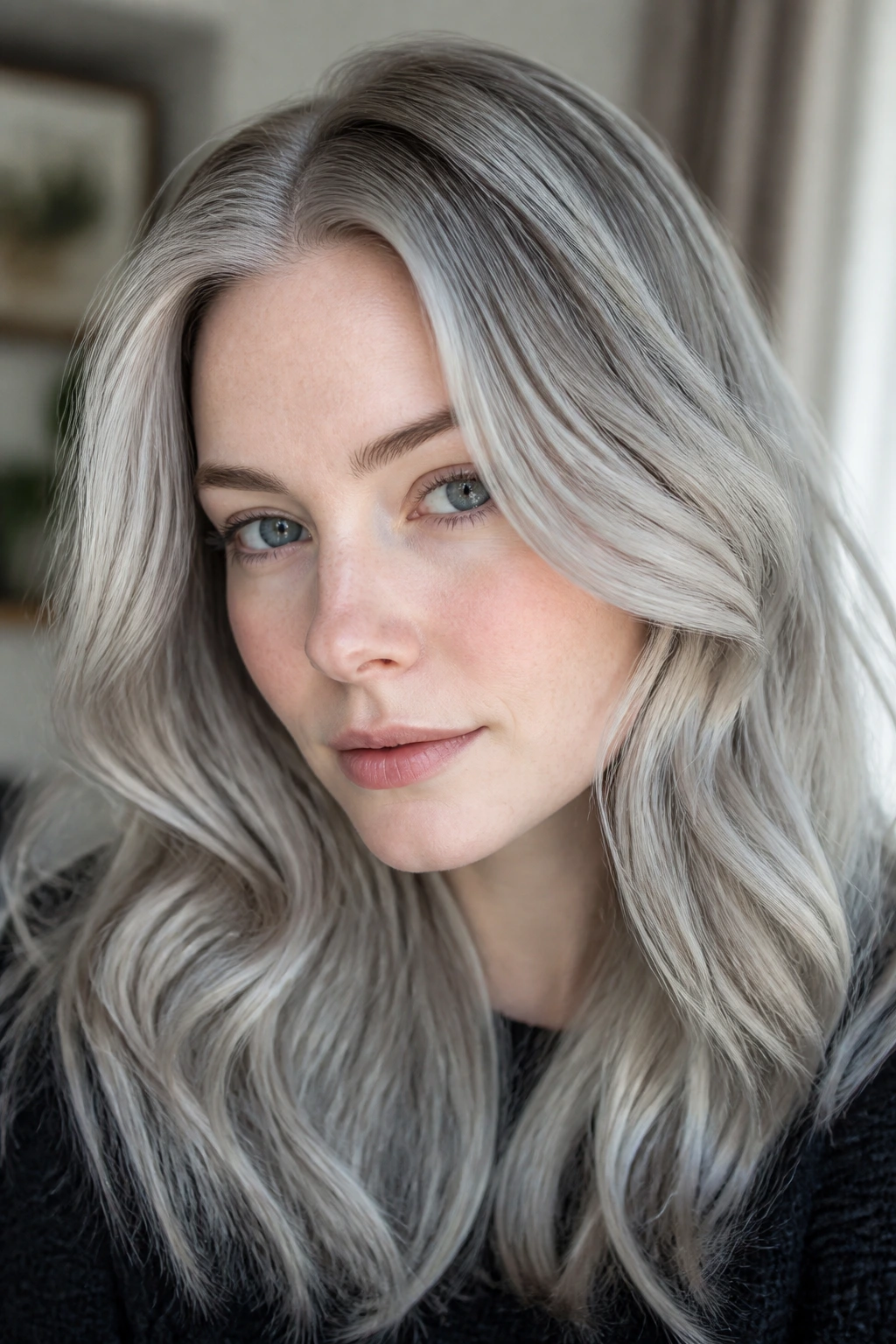 Portrait of pale-skinned person wearing pearl to silver grey hair