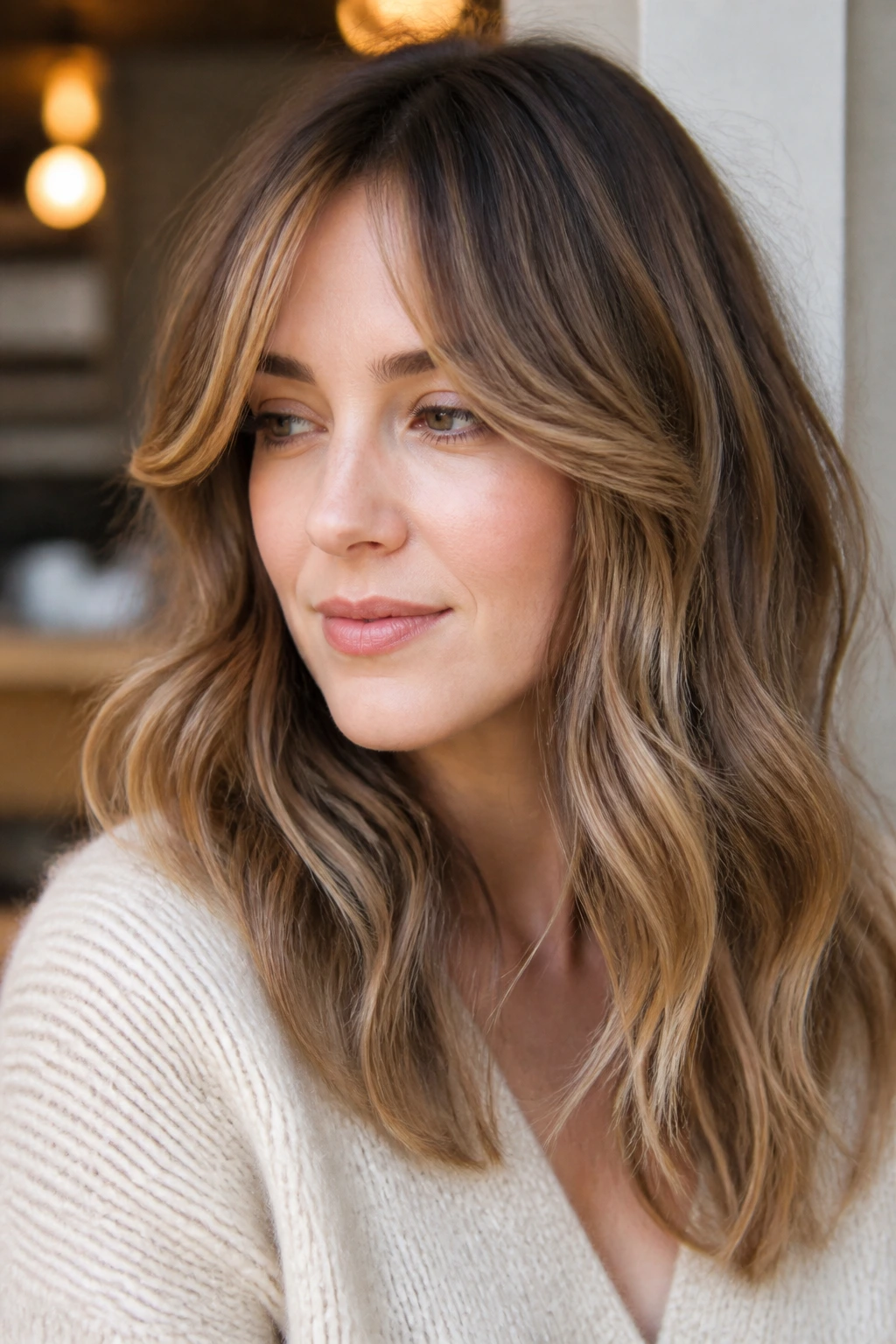 Close-up of a real woman with soft mushroom brown base and honey caramel front ribbons.