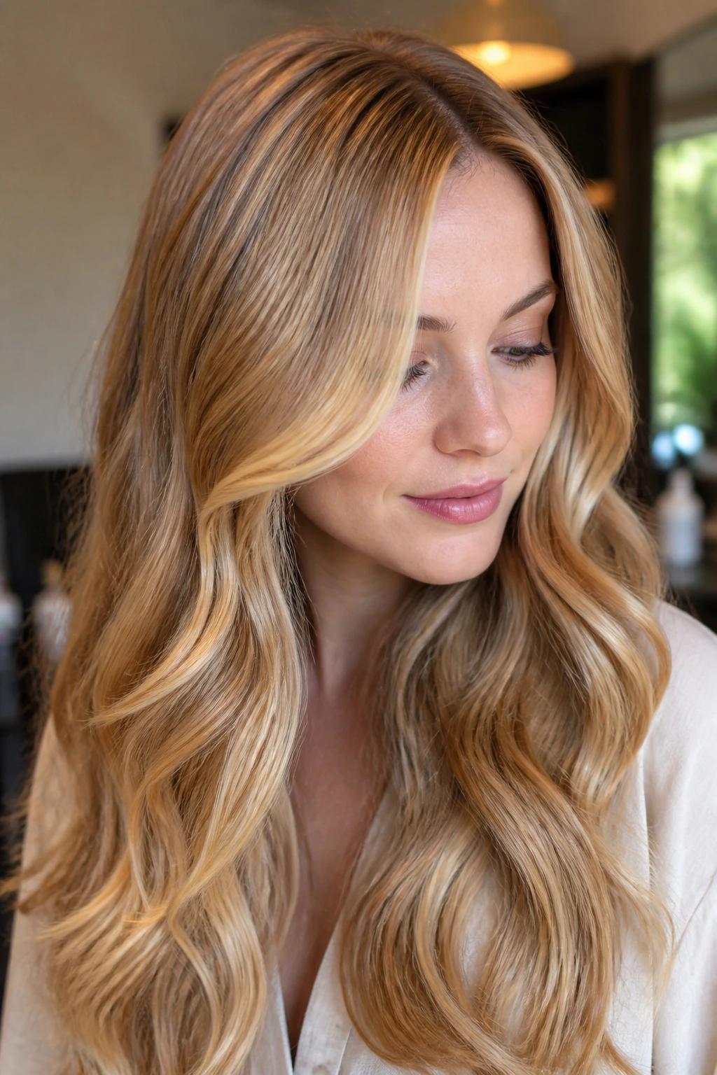 Close-up of pale skin with honey blonde tones and subtle beige peach champagne accents