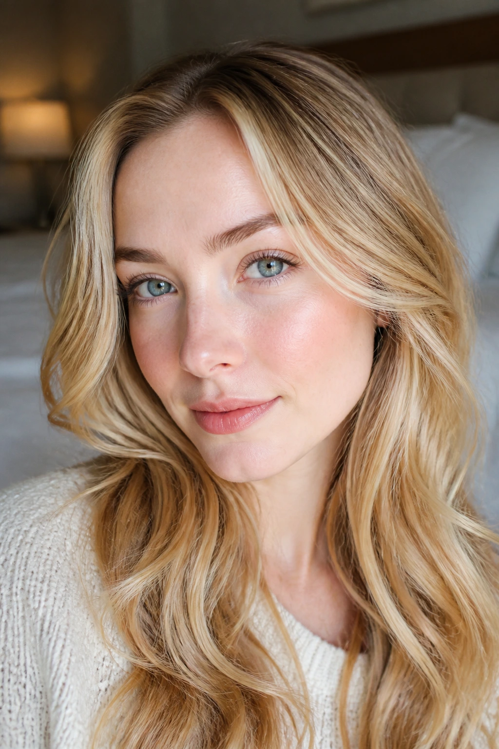 Close-up of a pale-skinned model with warm golden blonde hair framing the face