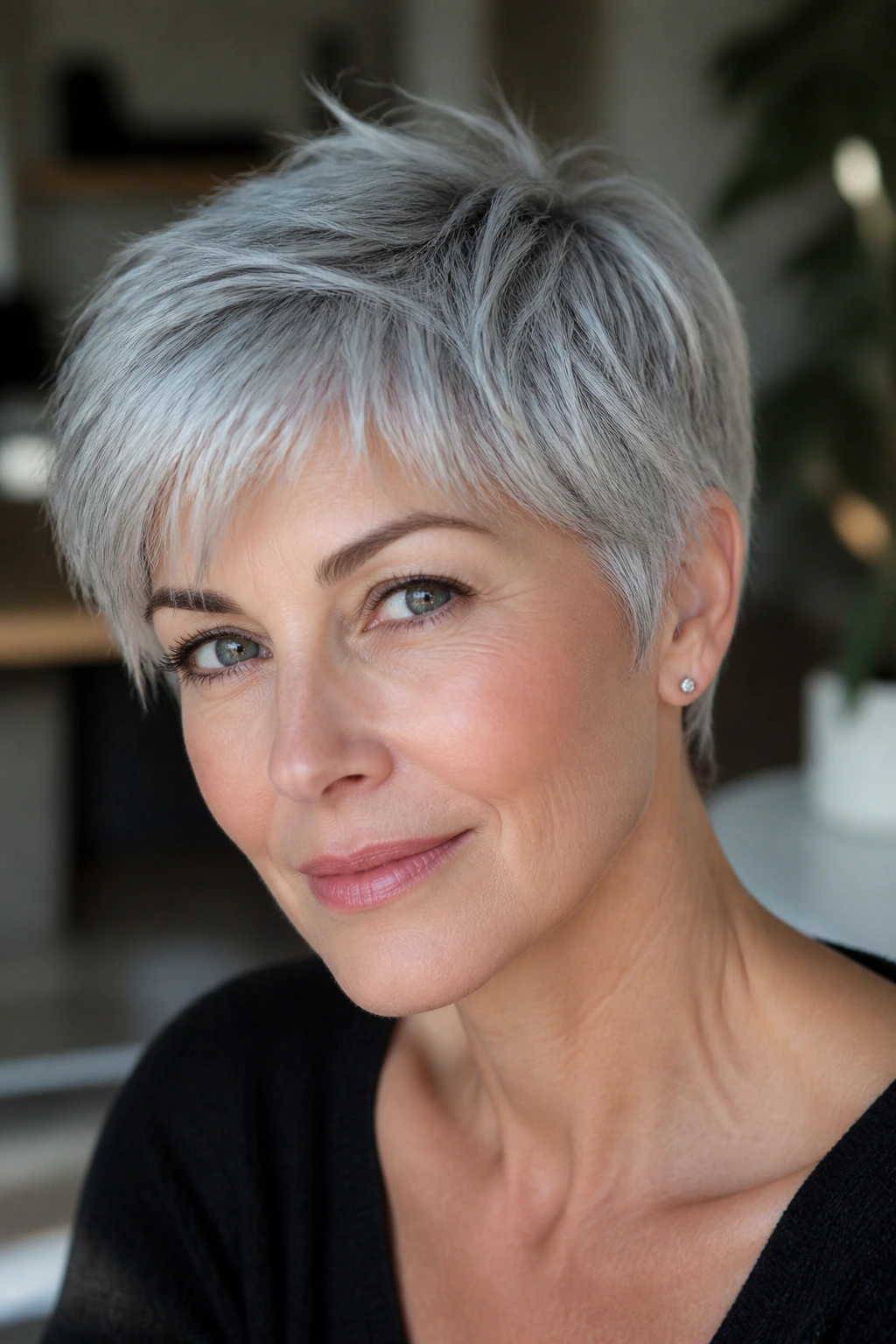 Feathered pale-smoke silver pixie on a real person under soft lighting
