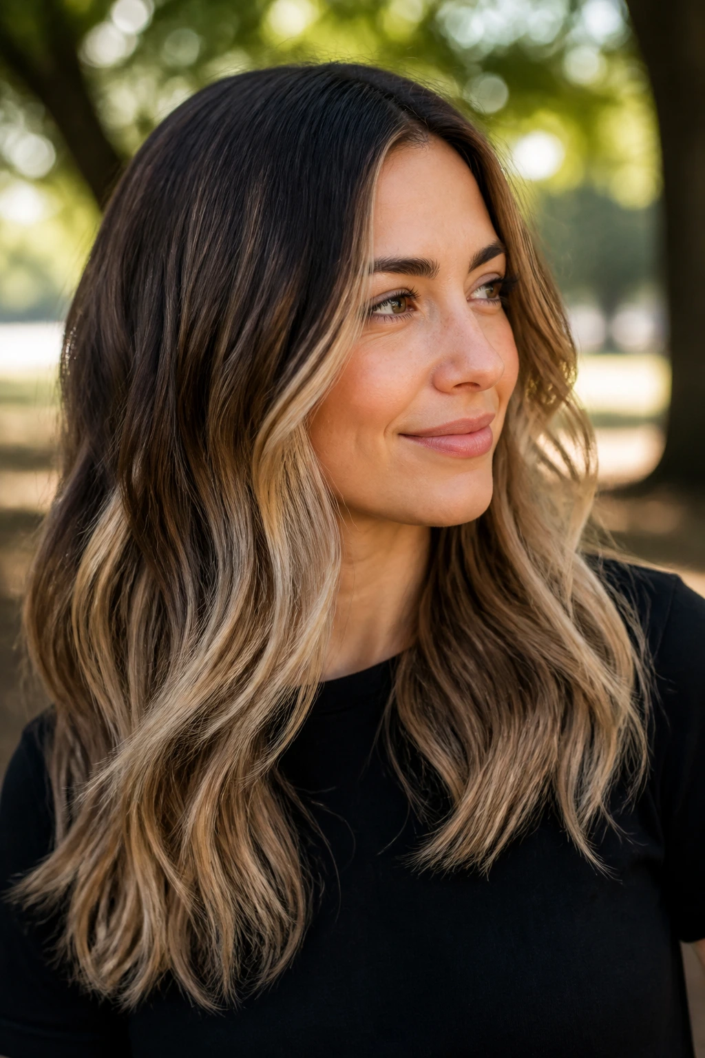Close-up brunette with pale wheat blonde babylights