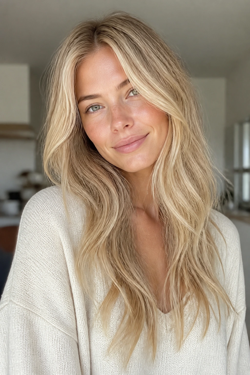 Close-up of a real woman with pale wheat long layers in warm blonde tones.