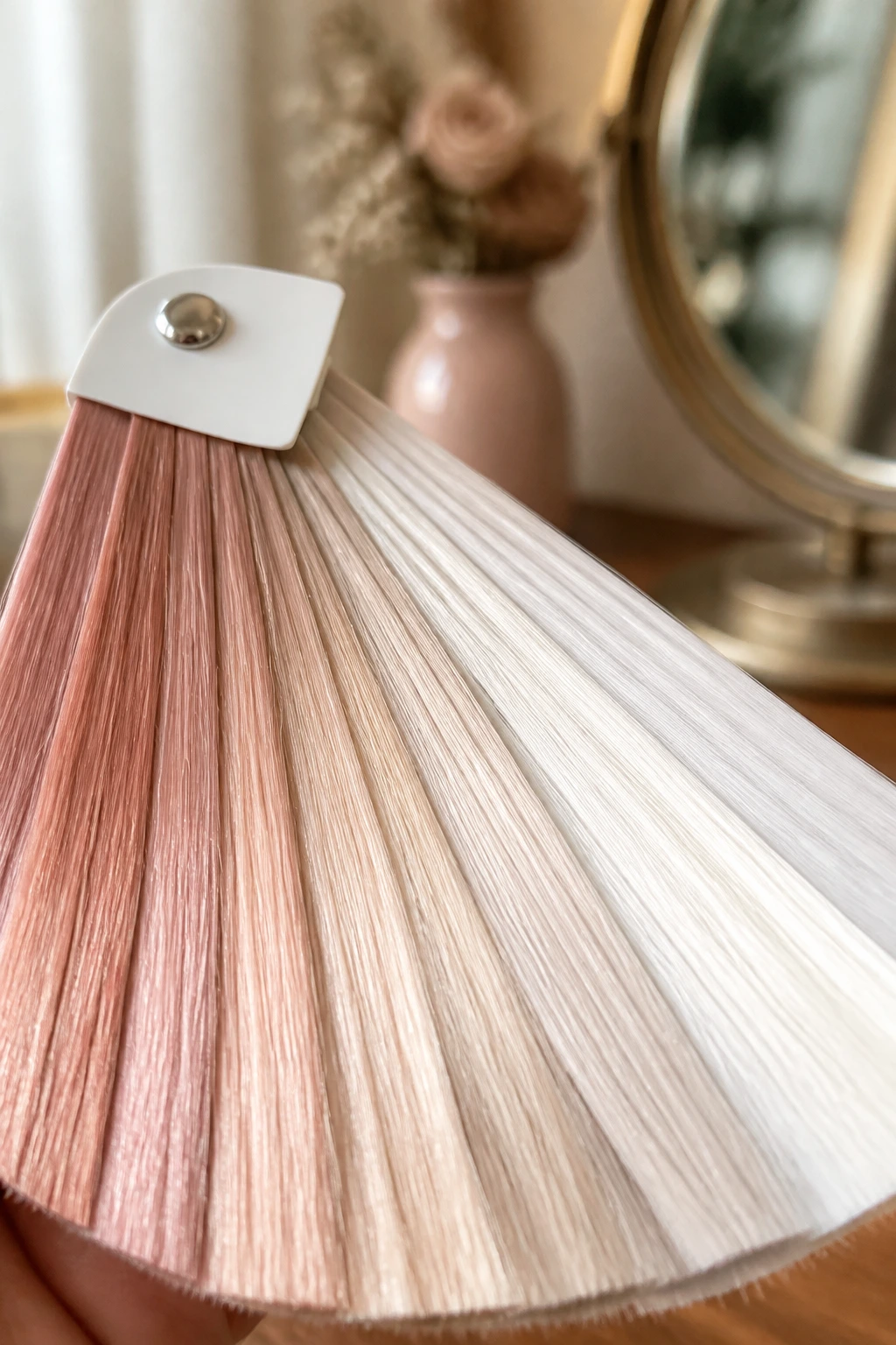 Close-up of a color palette with rose-gold, champagne, and white swatches