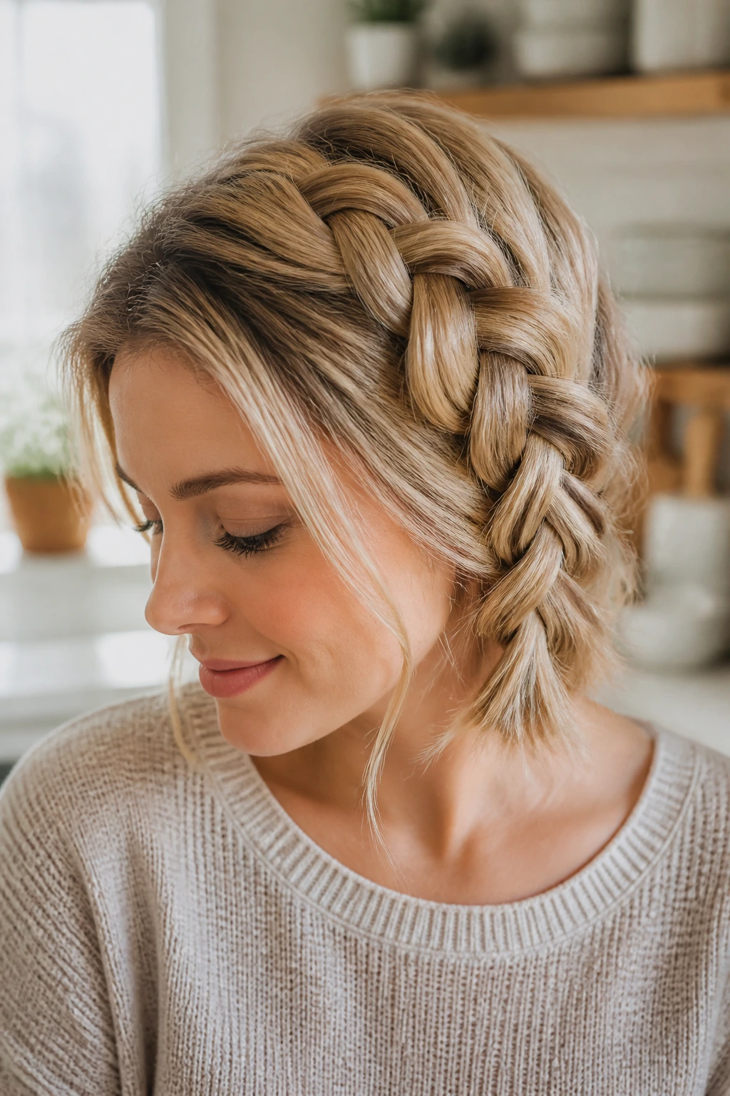 Close-up of a real woman with a pancaked French braid.