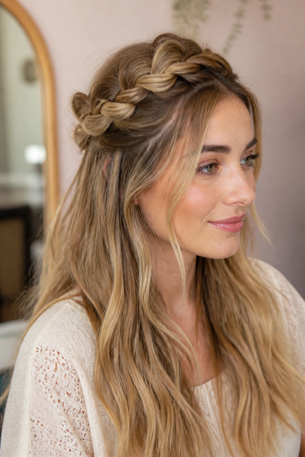 Close-up of a real woman wearing a pancake crown braid half-up hairstyle in soft light