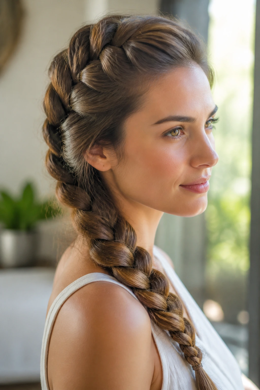 Close-up of a pancaked French braid on a real person with long hair