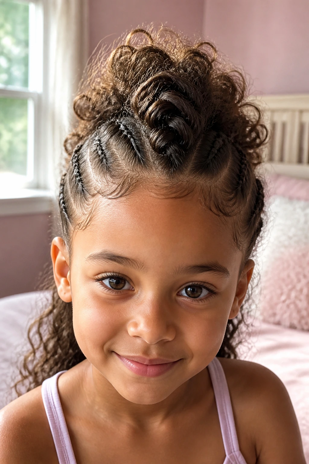 Close-up of a real girl with a pancaked wide hawk mohawk hairstyle in soft daylight.