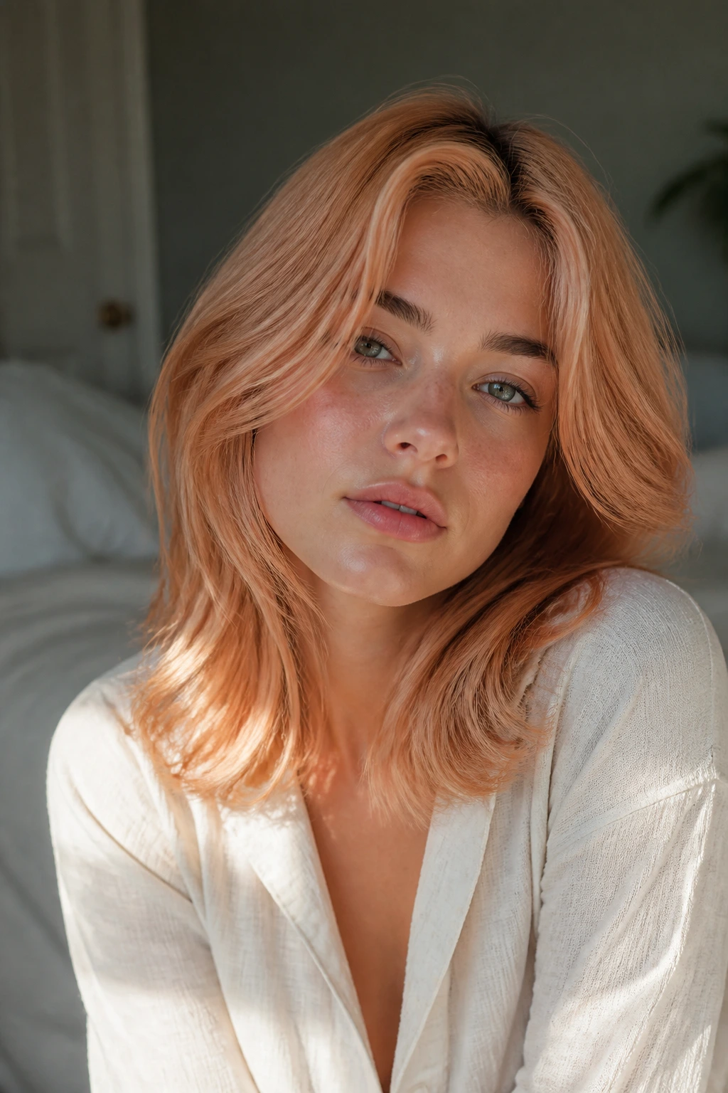 Close-up of a real woman with papaya beige blush hair in a softly lit bedroom