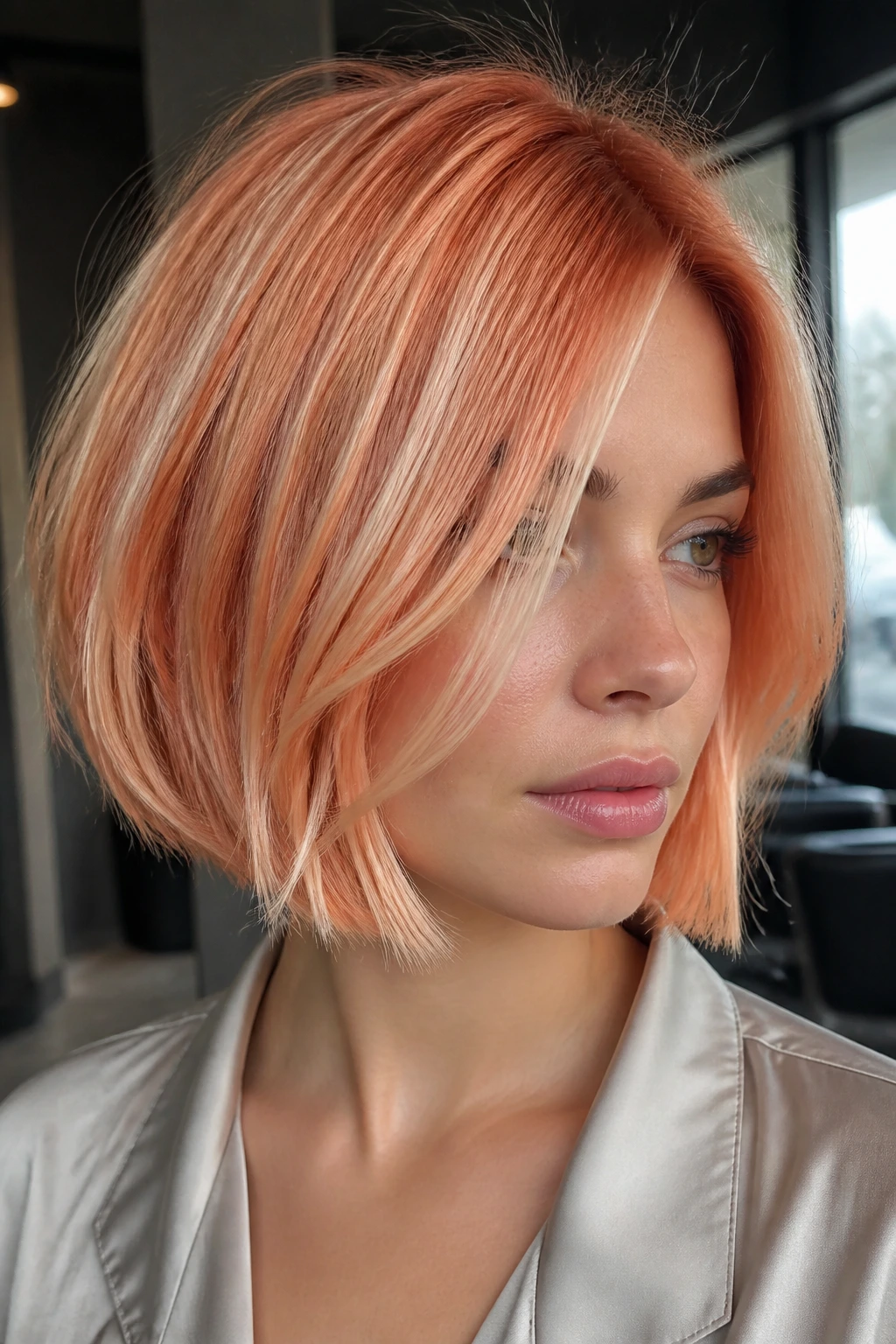 Real woman with papaya champagne bob and champagne highlights